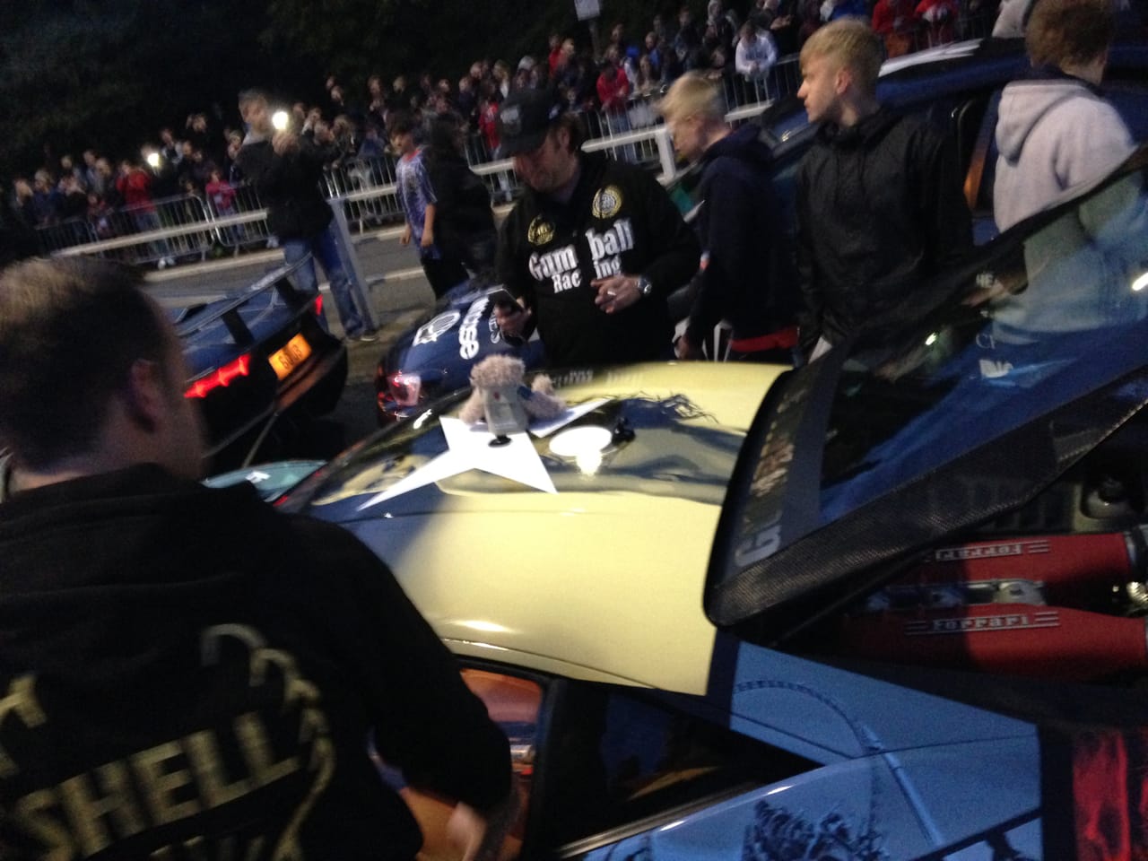 Baxterbear at the Gumball 3000 with team Skjerven Racing posing with David Hoffman's Audi